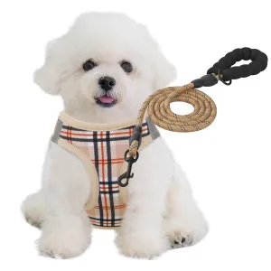 Dog Harness - w/ 5 ft Leash - Plaid Pattern Reflective Strips